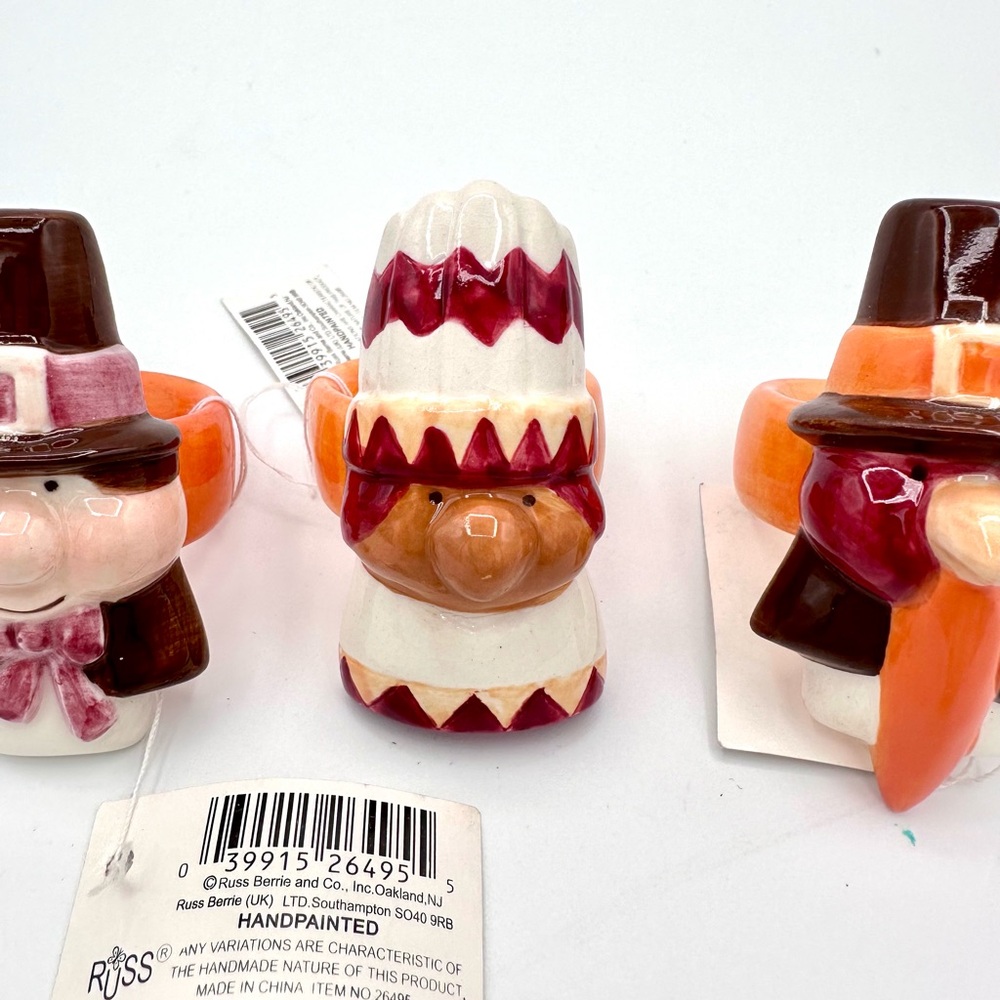 NEW Russ Thanksgiving Ceramic Napkin Rings - Pilgrim Native American Turkey - Picture 3 of 9